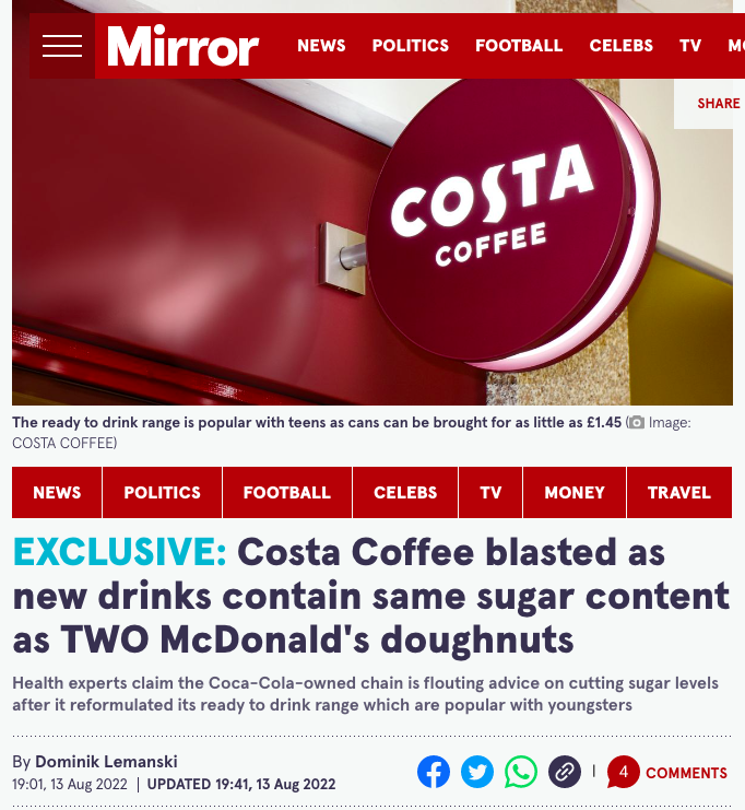 Costa即飲咖啡糖分暴增?專家揭健康隱憂與減糖政策衝突