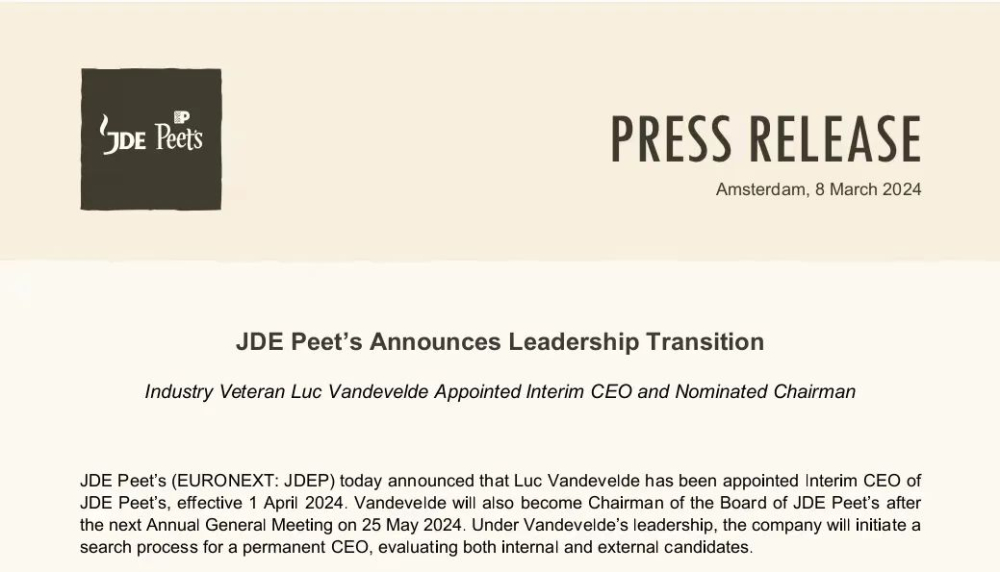JDE Peet’s高層異動！皮爺咖啡母公司董事長CEO齊退 4月啟動新領導交接